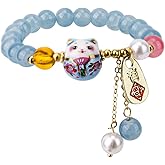 Mikovivi Lucky Cat Bracelet for Woman, Maneki Neko Good Luck Animal Charm Bracelet with Blue Crystal Money Attraction Jewelry for Wealth