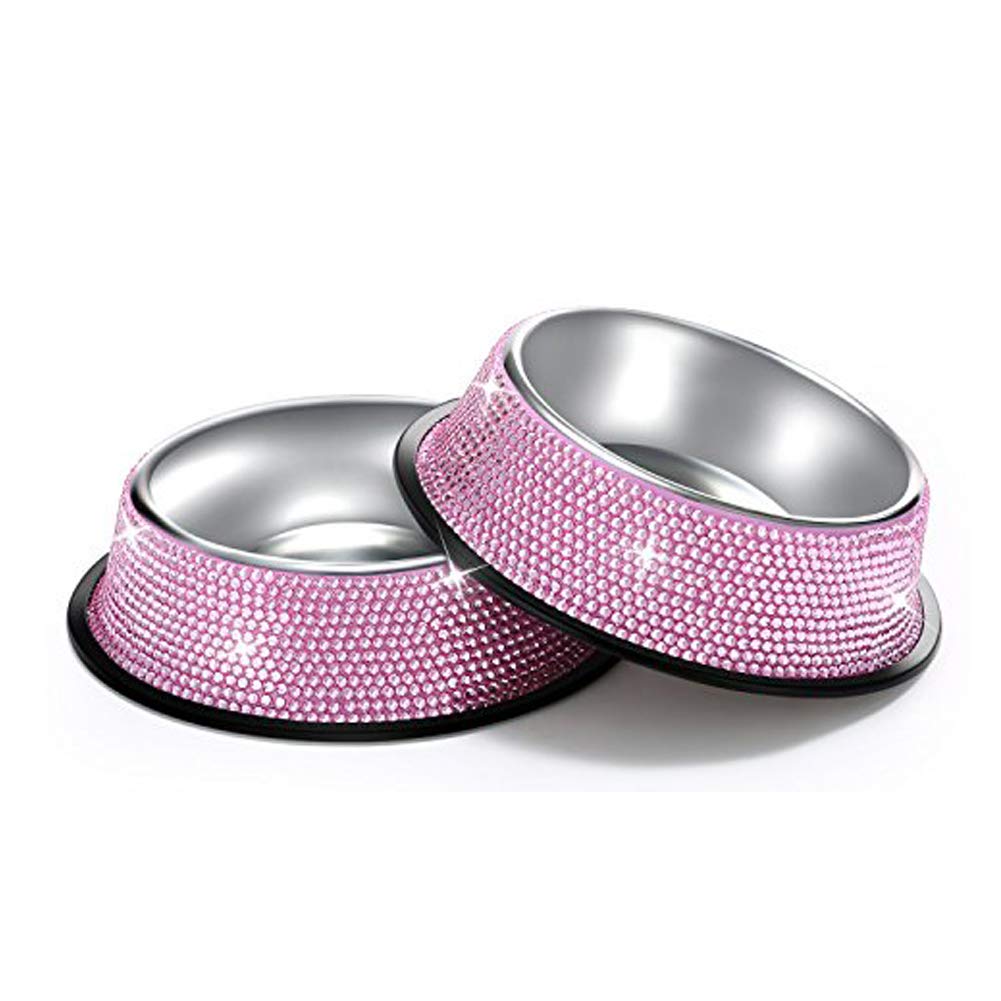 Dog Bowls, SAVORI 400ml Handmade Rhinestone Sparkling Stainless Steel Pet Bowls Double Water Feeder for Pets Puppies Dogs Cats – Pink