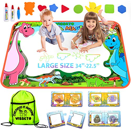 VISSETO Aqua Magic Mat Aquadoodle Large - 34x22.5’’ | Learning Cards, 3 Magic Pens | Kids Toys Aqua Mat | Reusable Water Drawing Mat | Mess Free | Water Doodle Mat Gift for Girls, Boys