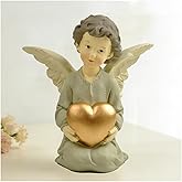 DurableDelights Kneeling Angel Girl Figurine with Gold Heart – Short Hair Resin Angel Statue, Hand-Painted Guardian Angel Decor for Home, Prayer Space & Gifts (5.12”)