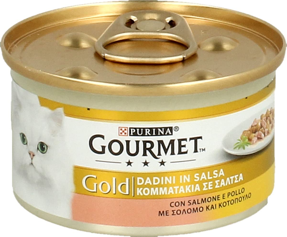 Gourmet Purina Gold Wet Cat Food Cubes in Sauce with Salmon and Chicken - 24 x 85 g Tins (Pack of 24 x 85 g)