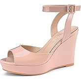 Women's Dressy Platform Wedge Sandals Gold Wedges Peep Toe Patent High Heels Slingback Heeled Comfortable Ankle Strap Shoes