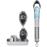 Soap Dispensing Dish Brush Set - FORSPEEDER Kitchen Brush with Stand 3 Brush Replacement Heads Stainless Steel Handle, Dish W