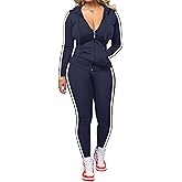 Hakubeby Women 2 Piece Outfits Casual Workout Sets Striped Bodycon Tracksuit Zip Up Long Sleeve Hoodle Jacket Jogger Pant Set