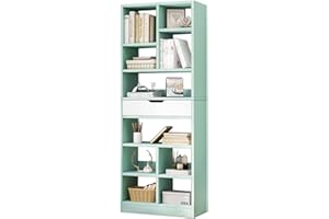 IOTXY Wooden Open Shelf Bookcase - 71 Inches Tall Freestanding Display Storage Cabinet Organizer with 10 Cubes and a Drawer, Floor Standing Bookshelf in Tiffany-Green