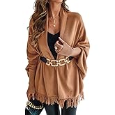 CHICME Solid Poncho Shawl Wraps Knitted Poncho Cardigan Warm Long Sleeve Cozy Versatile Fringe Sweater Cardigan
