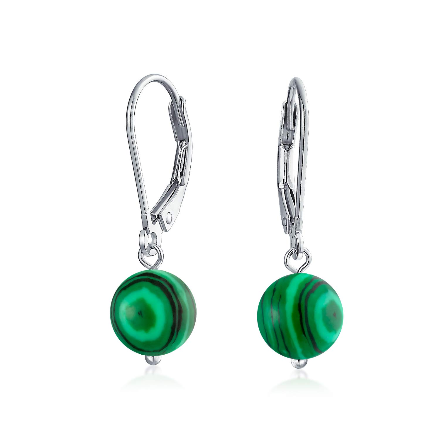 Simple Round Bead Dark Green Malachite Gemstone Lever back Ball Drop Earrings For Women Teen .925 Sterling Silver