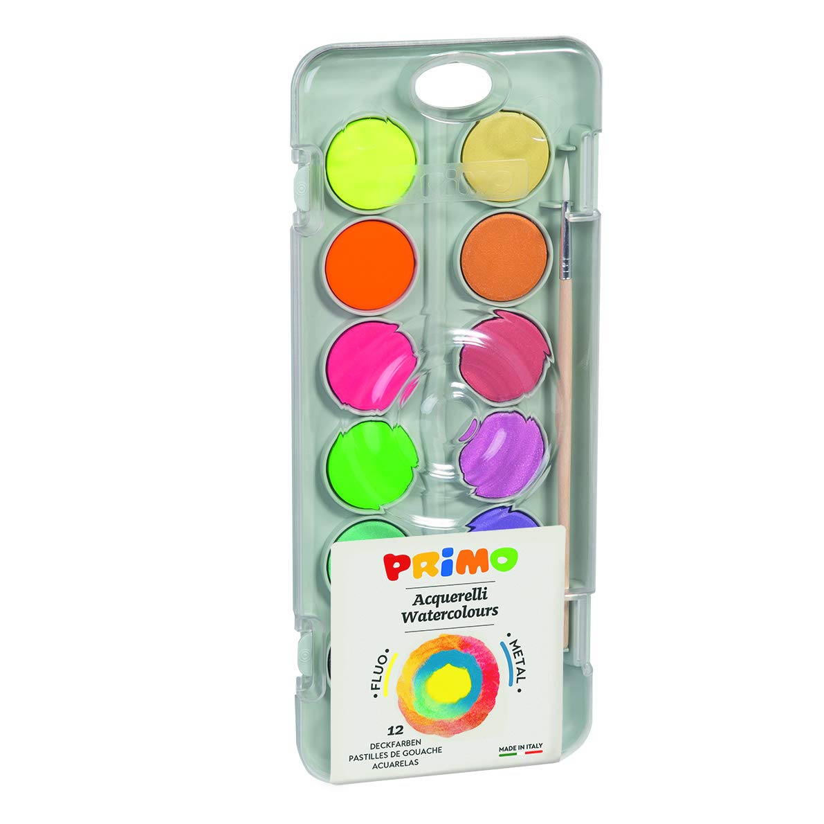 PRIMO Morocolor, Watercolors in tablet, 8 colors metallic palette 4 fluorescent colors, Ø30mm watercolor tablets, high pigmentation, bright and shiny colors, Made in Italy