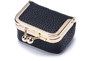 HBYJLZYG Genuine Leather Mini Jewelry Box - Portable Vintage-inspired Genuine Leather Coin Purse Jewelry Case with Kiss Lock, Mini Jewelry Organizer for Women (Black)