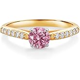 Gem Stone King 10K Yellow and White Gold 5MM Round Gemstone Birthstone and White Lab Grown Diamond Engagement Ring | Wedding Anniversary Promise Gold Ring For Women | Size 5,6,7,8,9