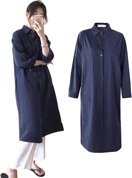 Amazon Co Jp シャツワンピース レディース 長袖 リネン ロングシャツ 体型カバー カジュアル 大きいサイズ 無地 春秋 通勤 オフィス きれいめ 服 ファッション小物
