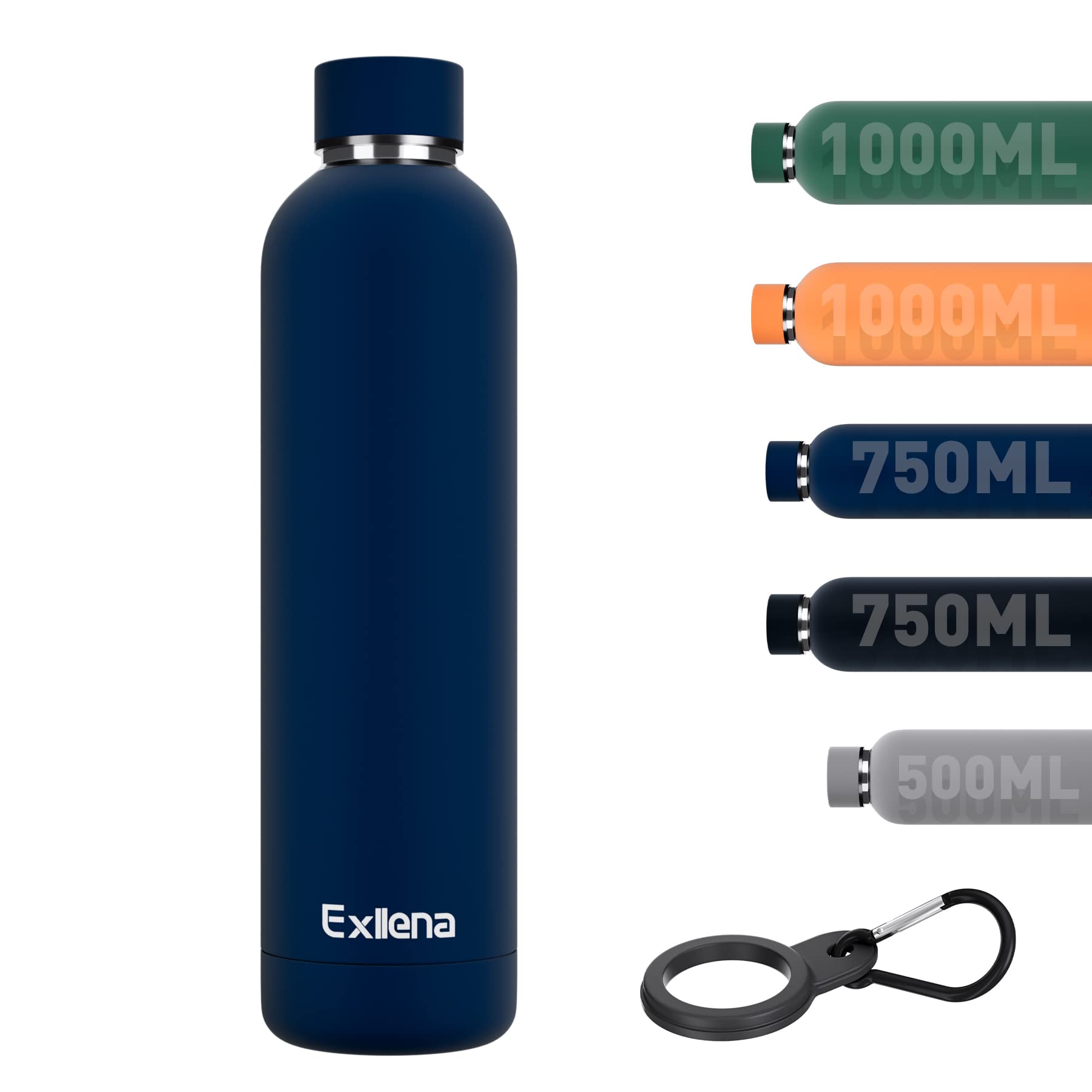 Exllena Insulated Water Bottles 1l with Clip, Double Wall Vacuum Drinks Bottle Keeps Drinks Cold 24 Hrs/Hot 12 Hrs, Stainless Steel Water Bottle BPA Free (Dark Blue)