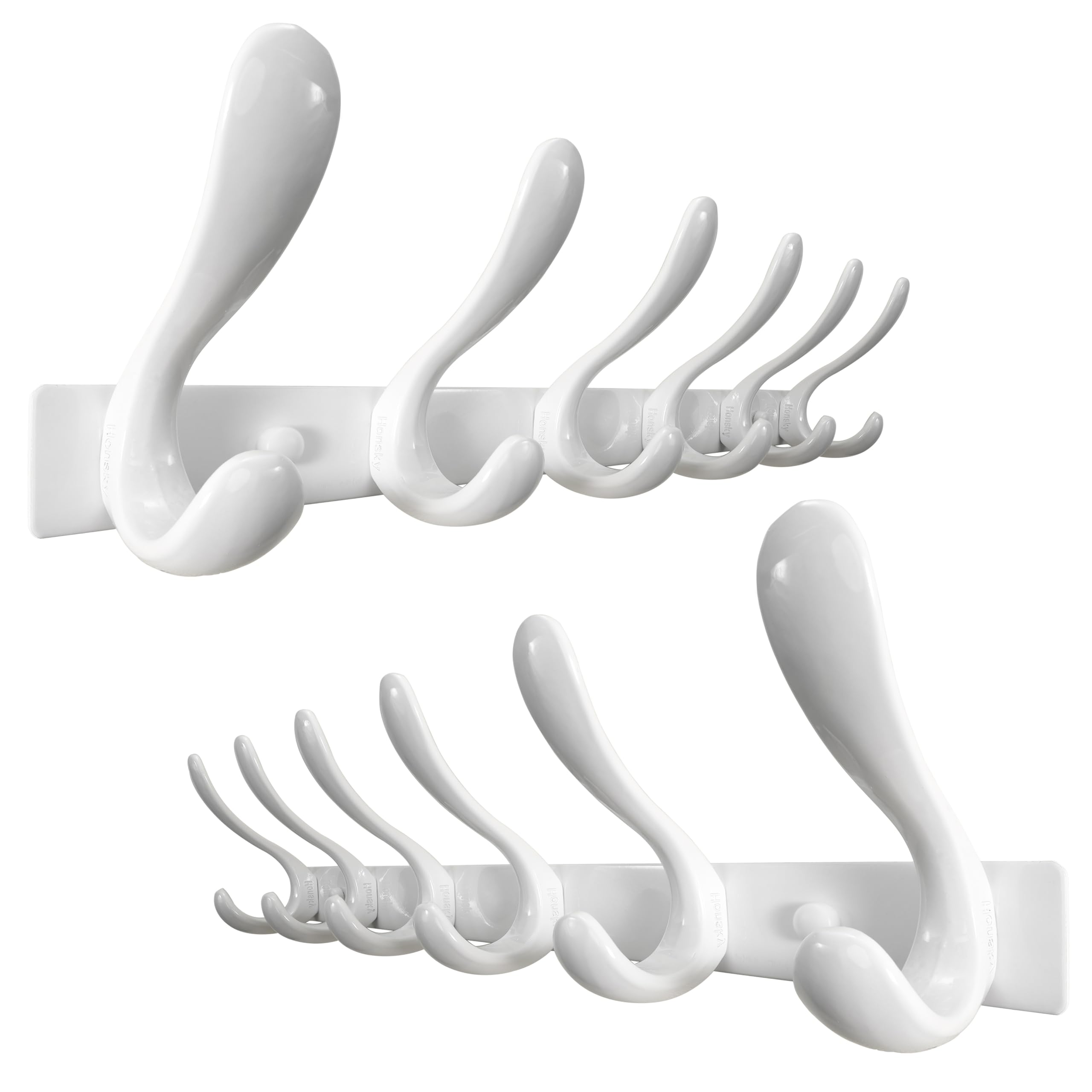 HONSKY Wall Mounted Coat Rack, 44cm Heavy Duty Metal Coat Hooks (6 Double Hooks, 12 Total), Stylish Wall Hanger for Hallway, Bedroom, Behind Door - Holds Coats, Hats, Jackets, Bags，White,(2 Pack)