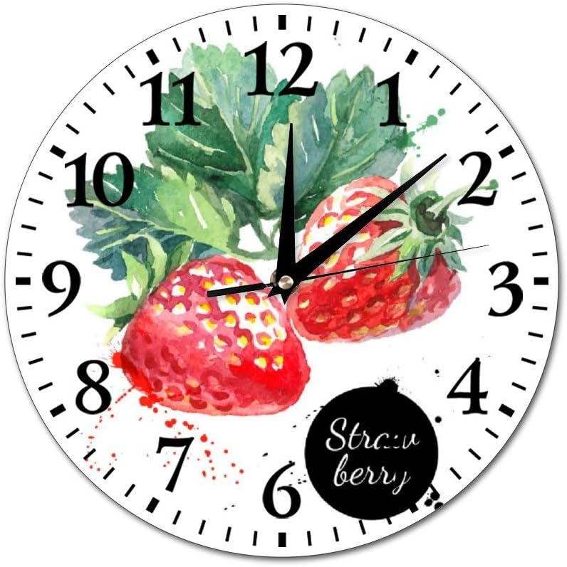 Mesllings Wall Clocks Watercolor Strawberry Round Glass Wall Clock, Wall Decor Clocks for Kitchen, Office, Retro Hanging Clock, Home Decor Accessories