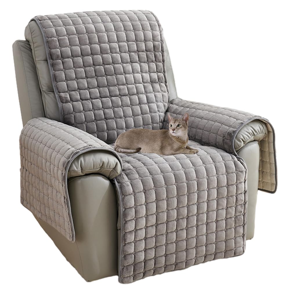 NUODWELL Recliner Chair Cover, Plush Non Slip Armchair Cover, Super Soft Washable Sofa Slipcover Furniture Protector Cover for Kids and Pets (Grey, 116 * 190CM)