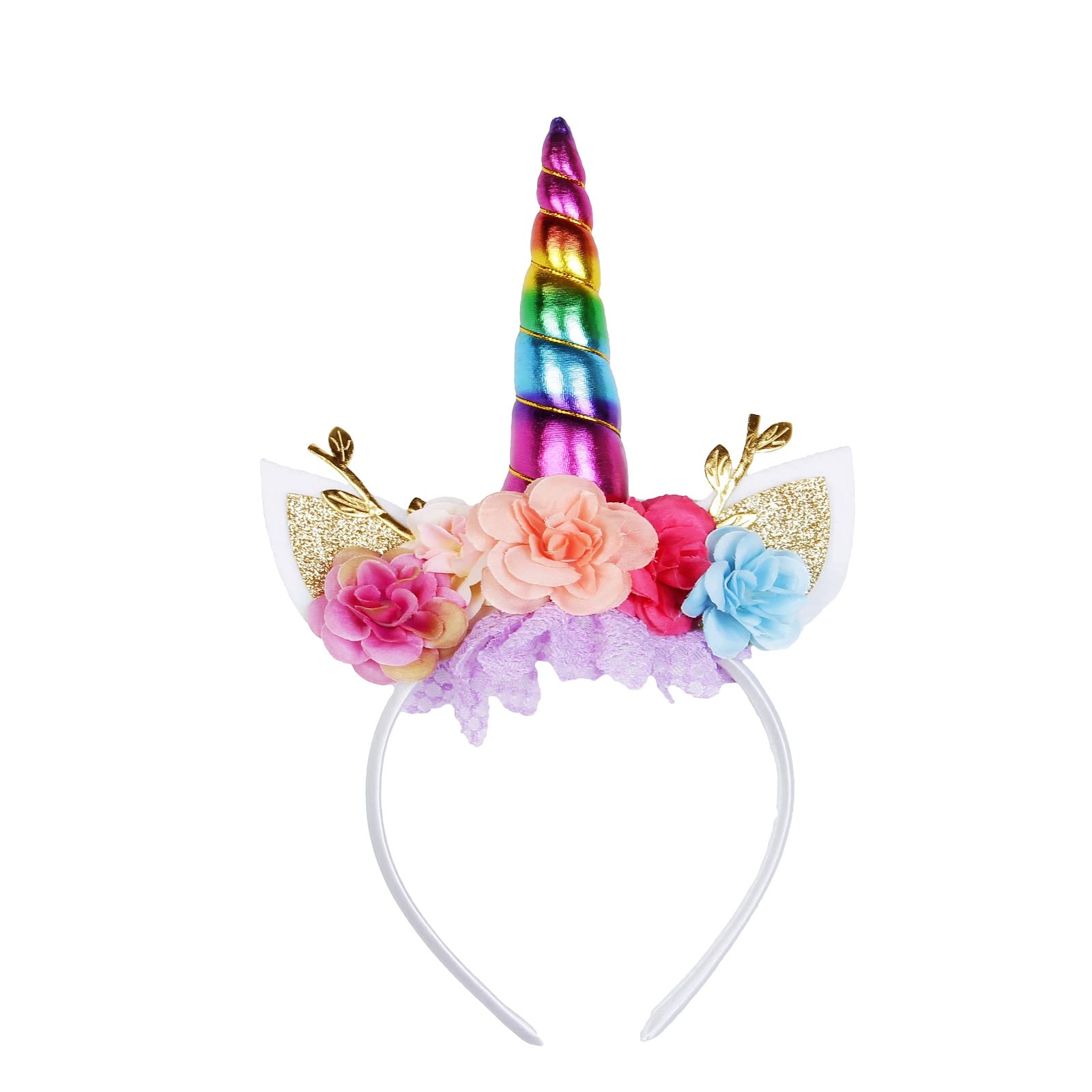 Photo 1 of Nishine Unicorn Horn Floral Headband Glitter Ears Pony Head Bands Tiara for Girls Party Birthday Cosplay (Rainbow B)