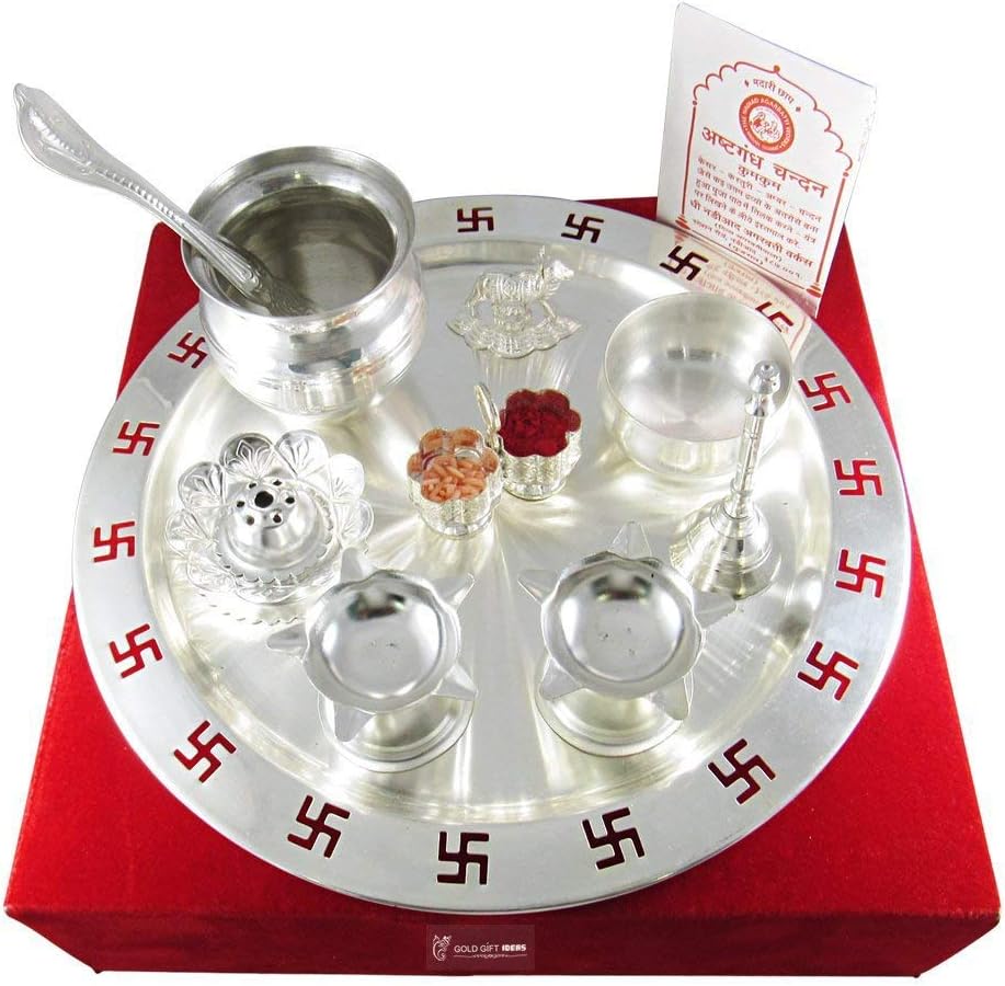 PRIVATE SPRING Kalash Lota Home décor Diwali décor|9 Inch Swastik Silver Plated Pooja Thali Set