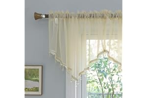 PearAge Beaded Sheer Valance Curtains for Living Room,Rod Pocket Farmhouse Window Valance, Bead Trim Tassel Voile Sheer Curtain Valance for Bedroom Bathroom Cafe 51x24 Inches (Beige) 1PC