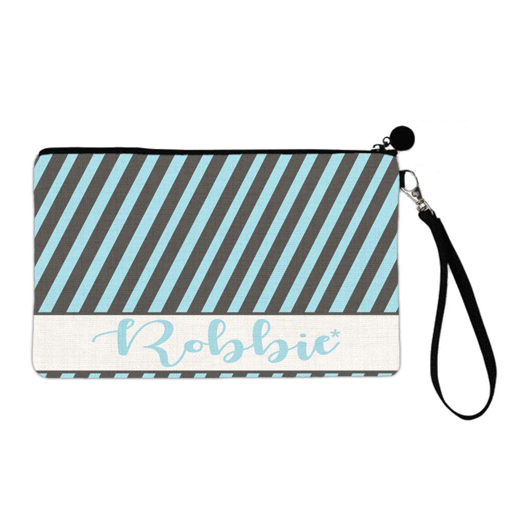 BRGiftShop Personalized Custom Name Blue And Black Stripe Pattern Large Linen Cosmetic Bag with Zipper