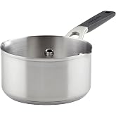 KitchenAid Stainless Steel Induction Sauce Pan with Pour Spouts, Small Pot | Fast, even heating, small cooking pot with aluminum core base, dishwasher safe, 1-quart, brushed stainless steel