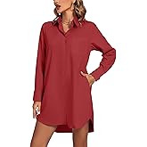 LYANER Women's Collar V Neck Button Down Long Sleeve Cruved Hem Shirt Dress
