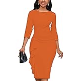 Bdwinz Fitted Work Dresses for Women 3/4 Sleeve Bodycon Ruffle Vintage Pencil Midi Dress