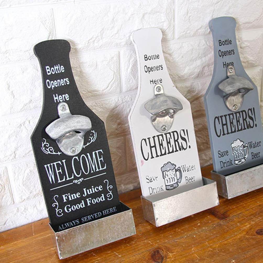 Wall Mount Bottle Opener Unique Vintage Wood Beer Opening Tool Decoration with Cap Catcher Box for Restaurant Home (Light Grey) - Image 5