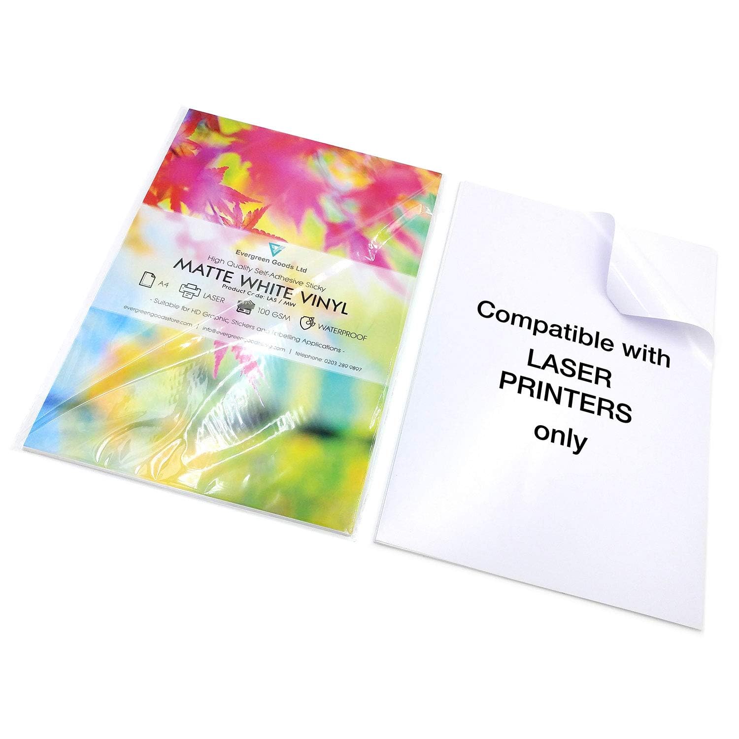 Evergreen Goods 50 Sheets A4 Matte White Sticker Vinyl | Laser Printable ONLY | Waterproof Self Adhesive Sticky Sheets | Suitable for Cricut & Silhouette