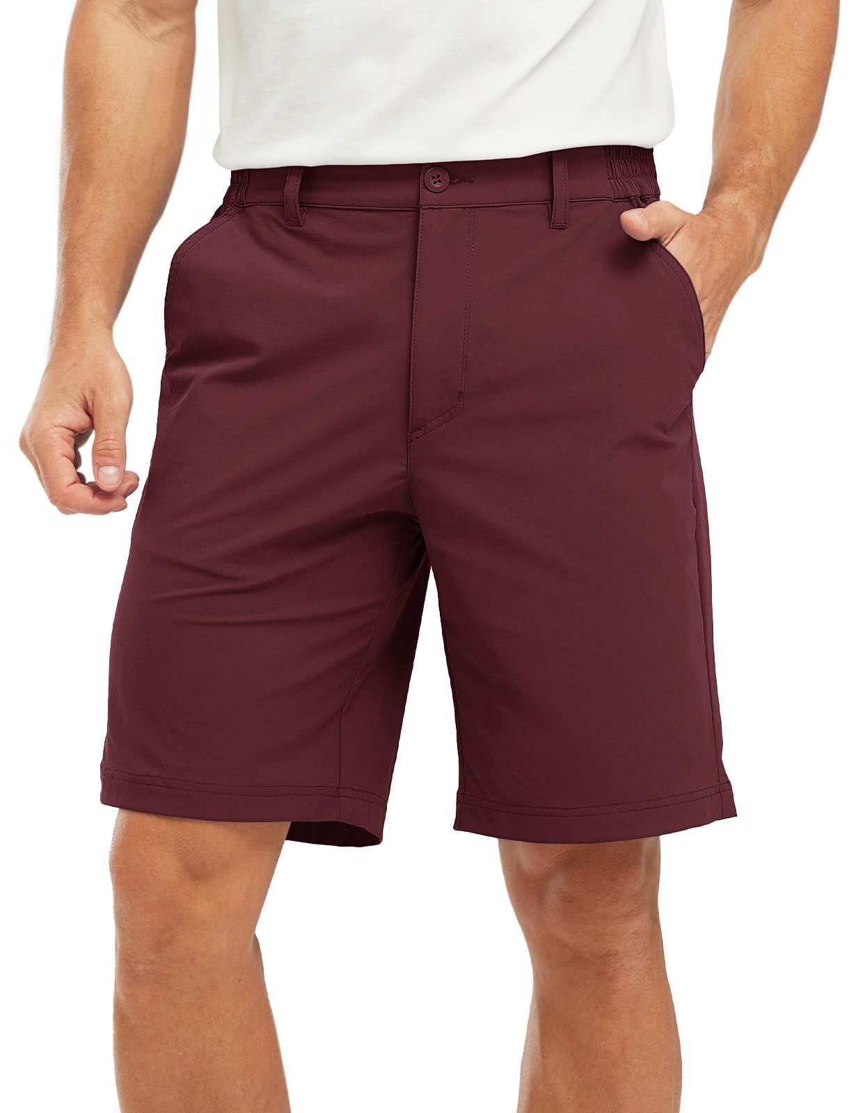 Photo 1 of TBMPOY Men's Golf Shorts 9'' Elastic Waist Quick Dry for Flat Front Travel Casual Shorts with 5 Pockets Wine Red 34