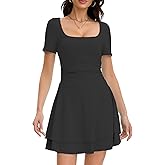 MISMI Women's Square Neck Ruffle Hem Mini Dress Ruched Waist Short Sleeve Corset Party Dresses
