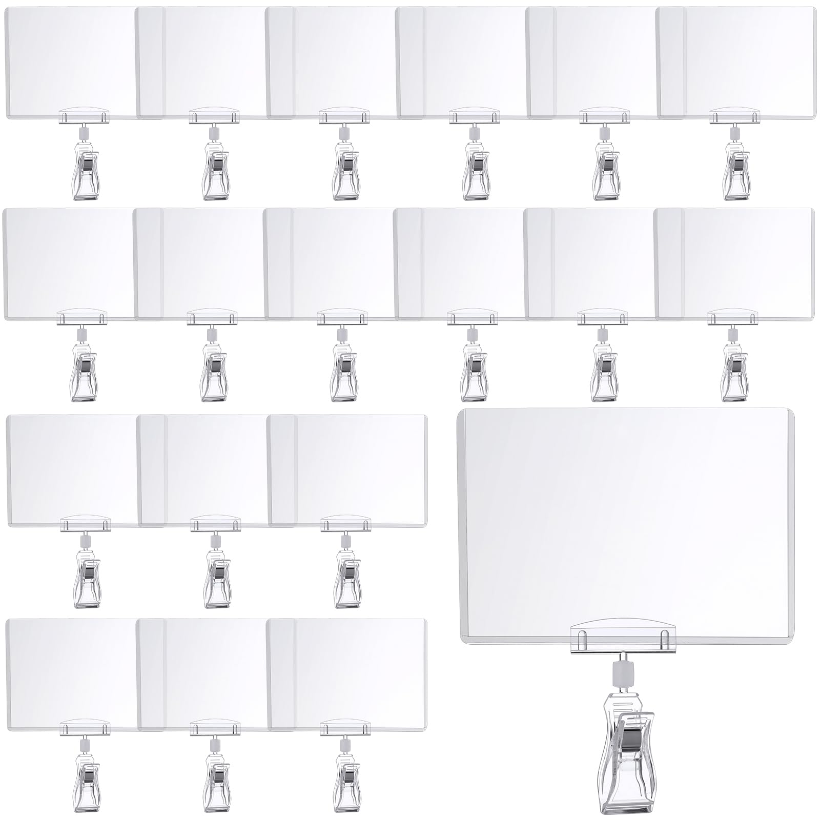 Photo 1 of Epakh 20 Pieces Sign Clips Rotating Price Tag Clip Swivel Sign Holder for Handrails or Tubes with 20 Pieces Hard Card Sleeves PVC Card Protector for Shelves Store Supermarket(Sector Style)