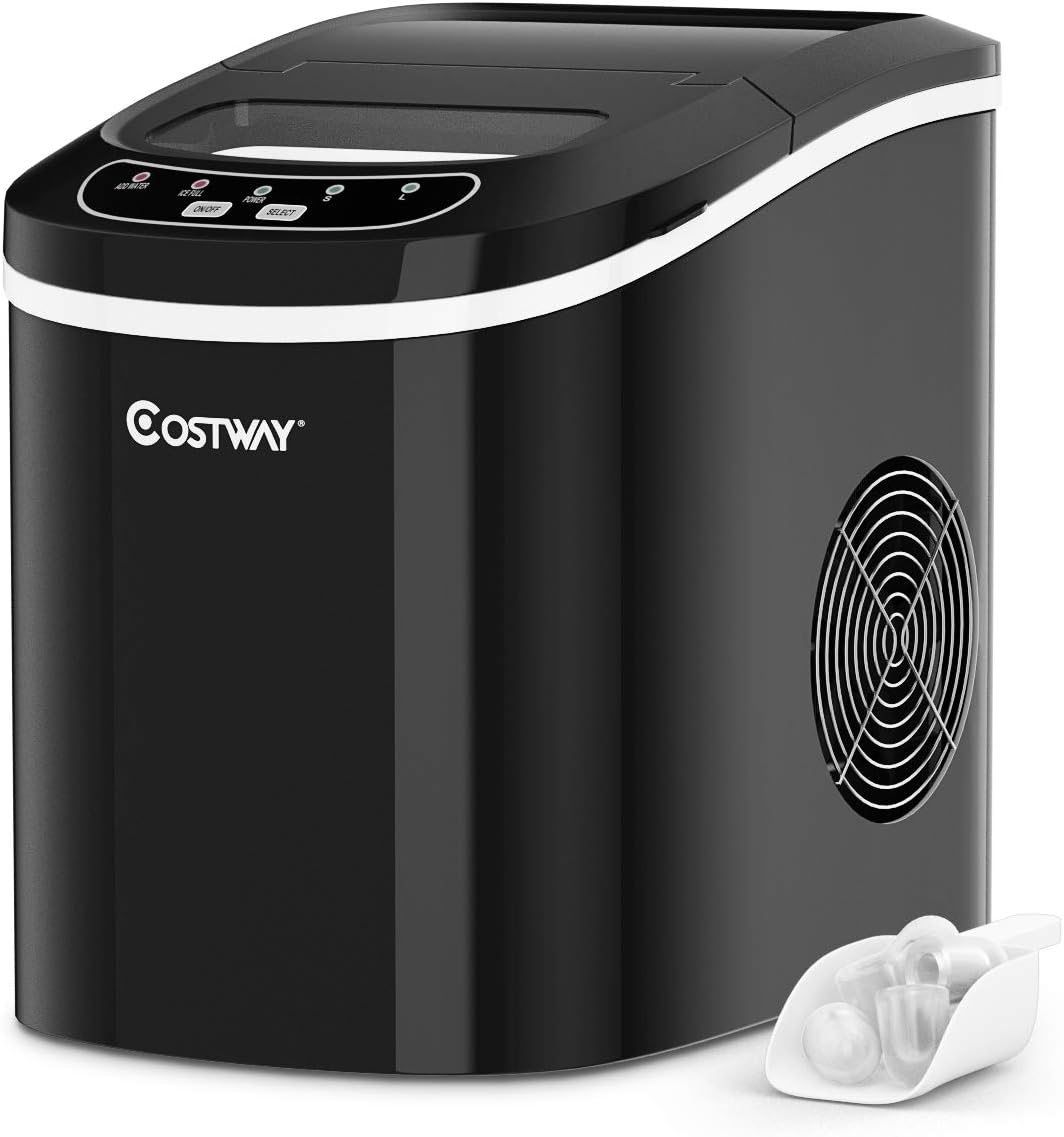 COSTWAY Eiswürfelmaschine Ice Maker, Eismaschine, Eiswürfelbereiter inkl. Eiswürfelschaufel / 9 Eiswürfel in 6-13min / 2 Eiswürfelgrößen / 12kg in 24 Std. / 2,2L Wassertank / 25x36x33cm (Schwarz)