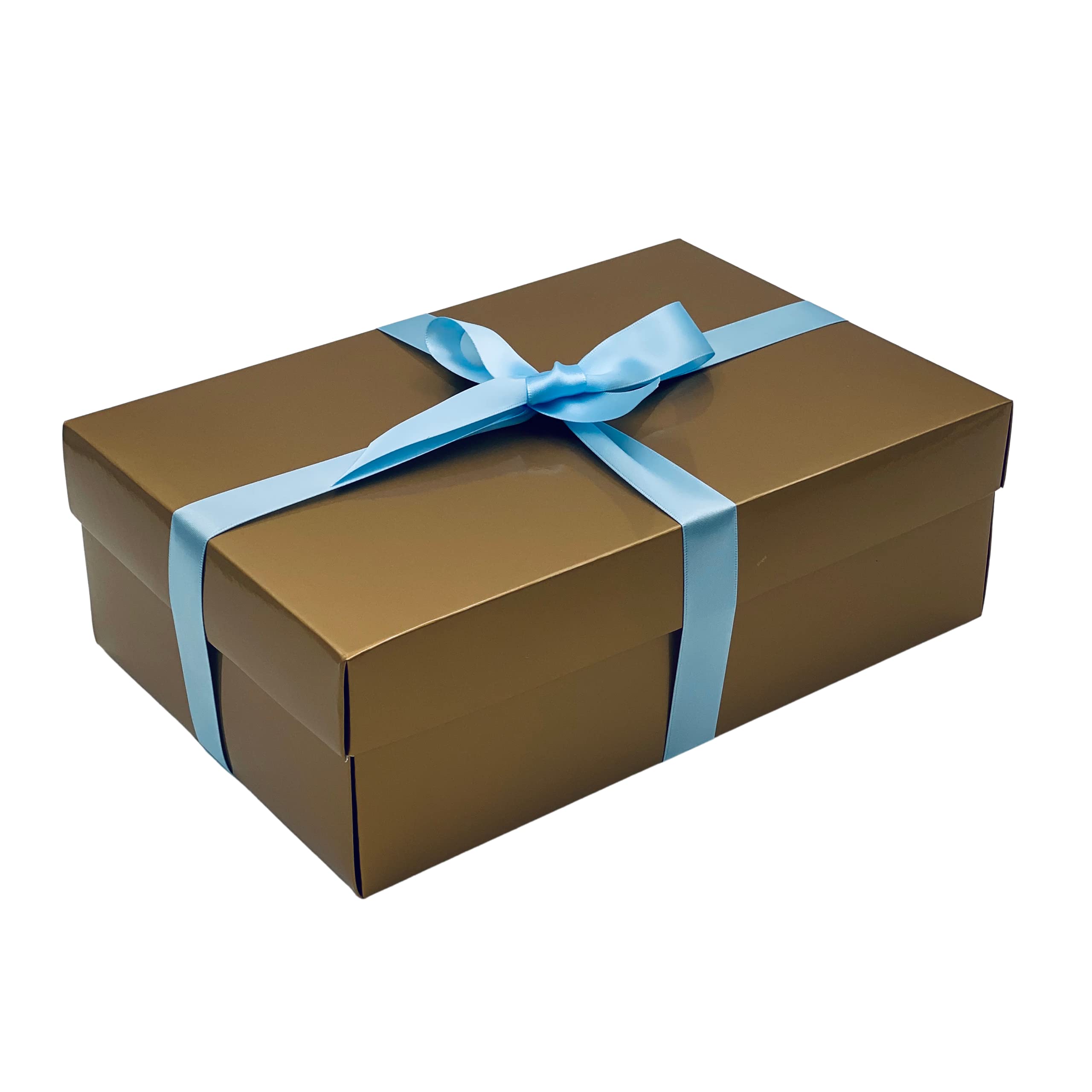 Gold Gift Box with Lid | Pick Your Ribbon Colour | Large Memory or Hamper Boxes | Flat-Packed Gift Boxes for Presents, Birthday or Baby Gifts | Size 30x20x10cm (Baby Blue Ribbon 70)