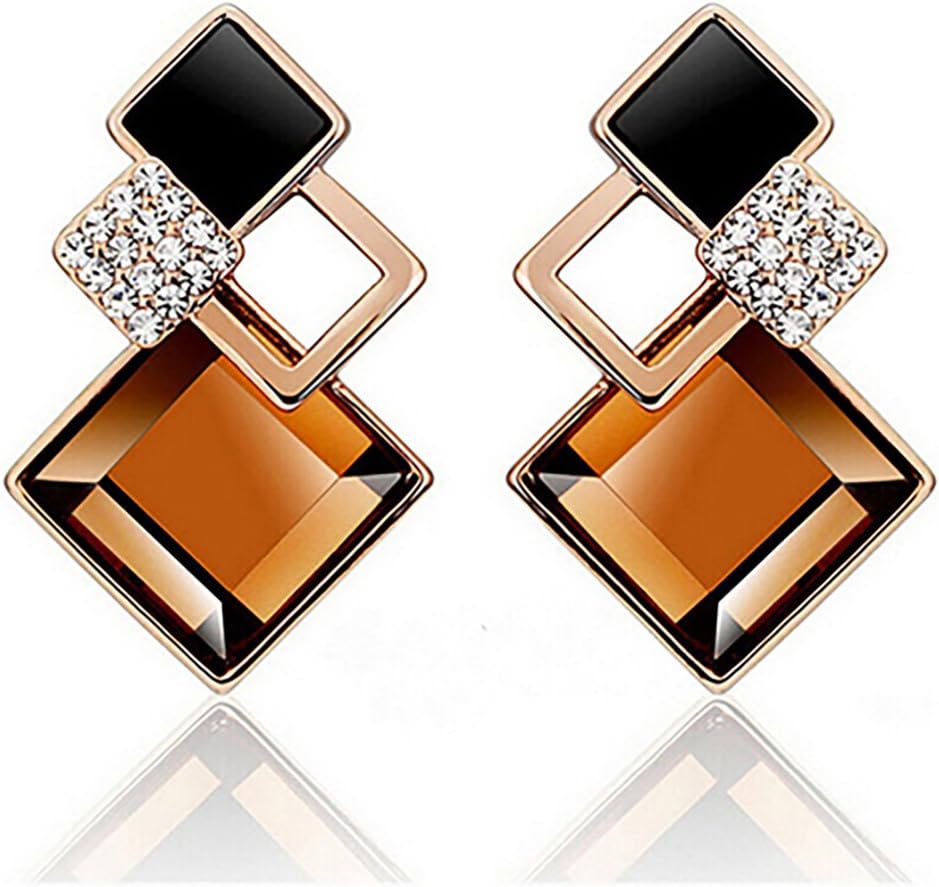 Women's Fashion Rhombic Rhinestone Eardrop Korean Style Earrings Party Jewelry - Golden + Champagne Amesii