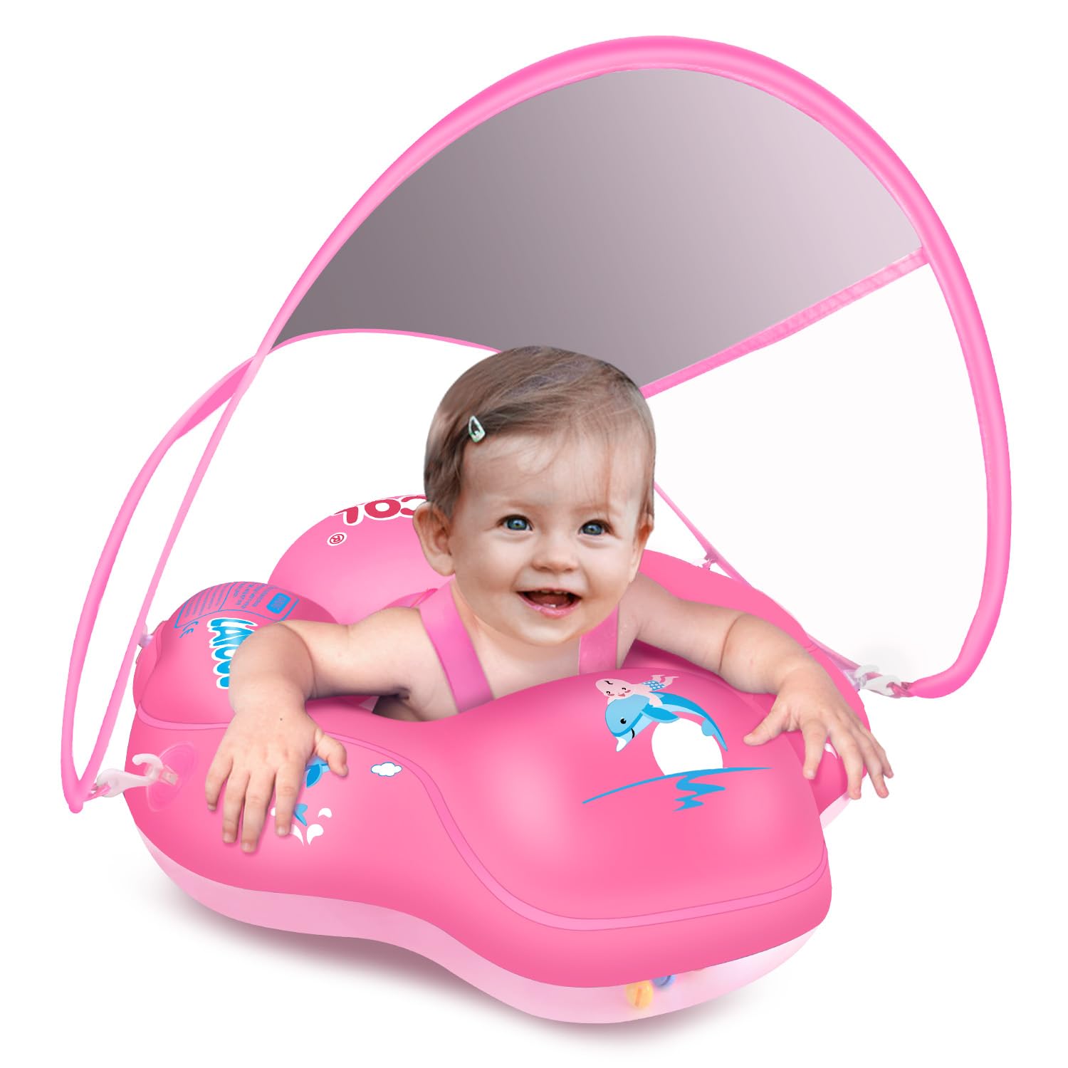 LAYCOL Baby Pool Float with Canopy UPF50+, 5 Point Safety Buckle No Flip Over, Inflatable Toddler Floaties Infant Pool Floats with Double Air Chambers, Baby Beach Essentials/Traval for 3-36M Pink S