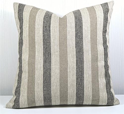 Pillow Cover 18x18 Farmhouse Linen Natural, Black and Tan Stripes