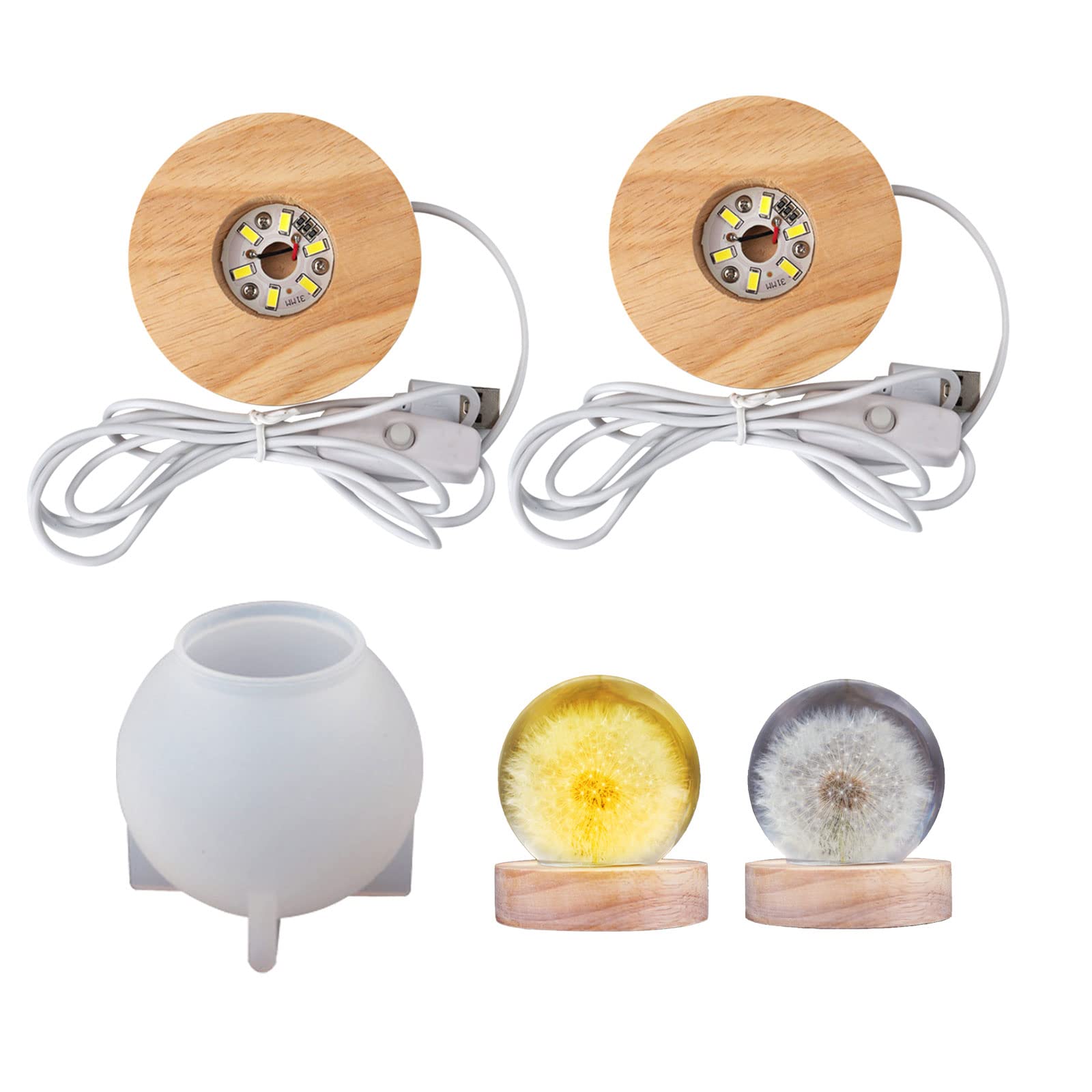 CDIYTOOL 2pcs LED Lights Display Base with Ball Round Silicone Mould, Epoxy Resin Moulds Round Ball Shapes Craft Mould Silicone Mould Ball Epoxy Resin for Small Table Lamp