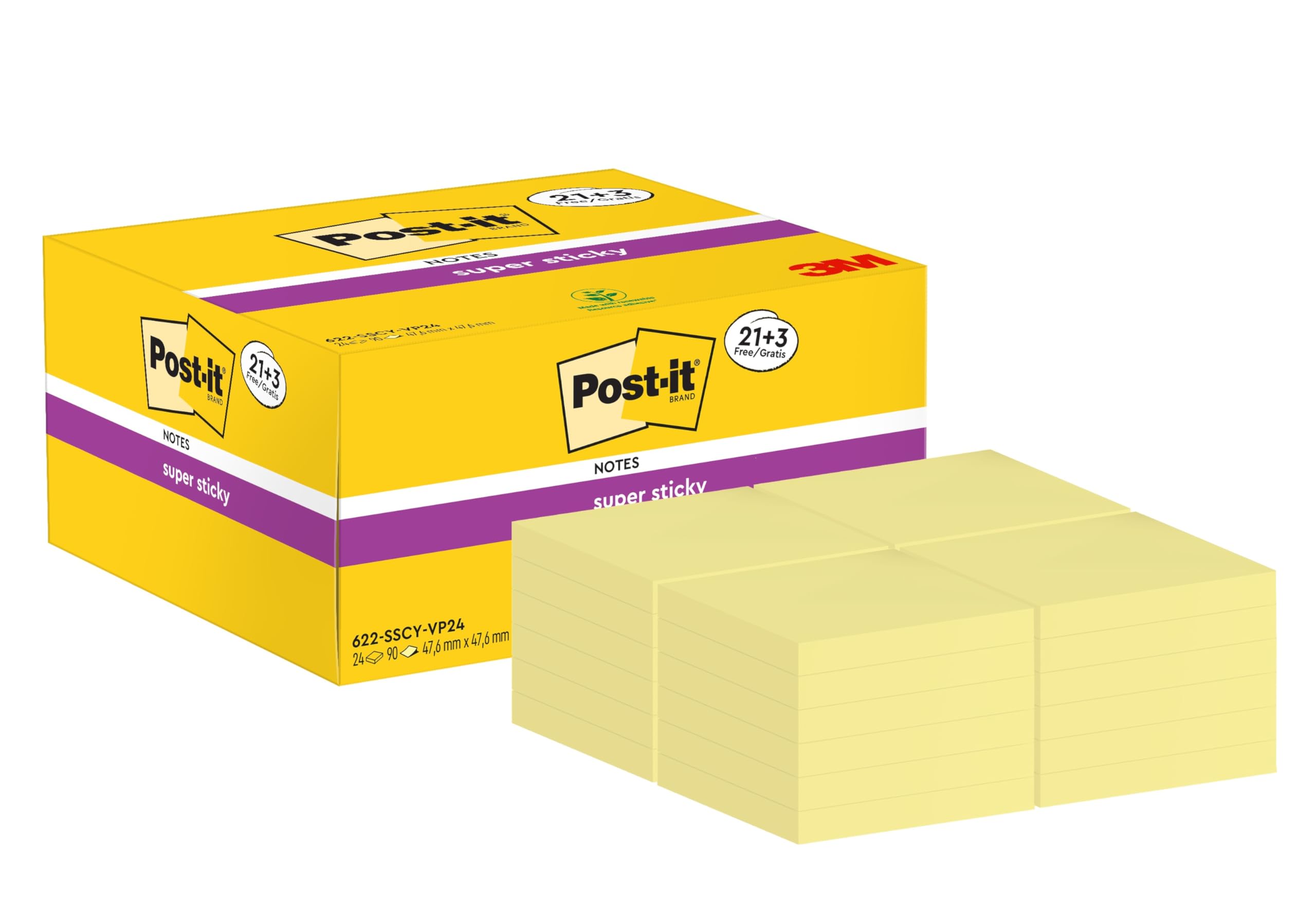 Post-it Super Sticky Notes, 2160 Sheets, Promo Pack of 21 + 3 Free Pads, 47.6 mm x 47.6 mm - Holds Strong to Many Surfaces - Yellow - for Walls, Monitors and Fridge, Recycable