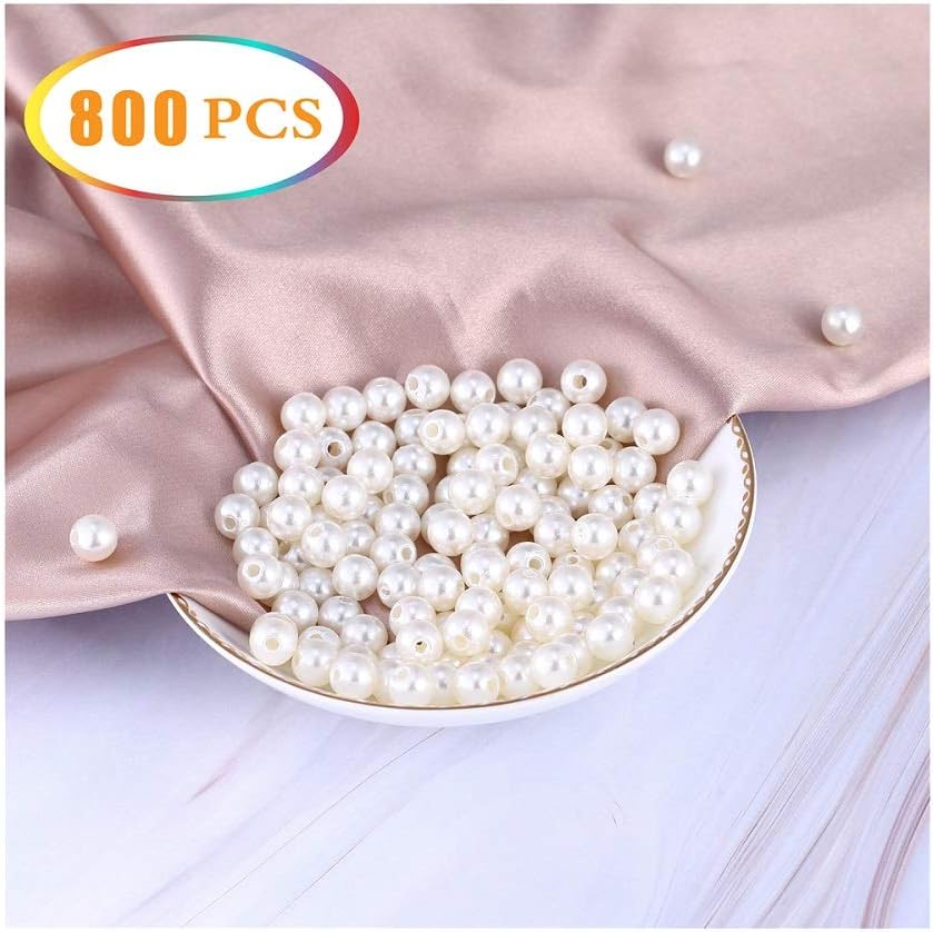 800 Pcs 8mm Round White Pearl Vase Filler,Beads for Jewelry Making,Plastic Pearls with Hole Loose Spacer Bead,Brushes Holder,Party Decor