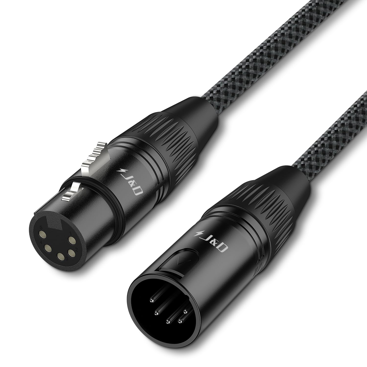 J&D 5 Pin XLR DMX Cable, 1.5 m, DMX512 XLR 5 Pin Male to Female Stage Light Cable with Silver-Plated Connectors and Blue Nylon Braid – Professional Audio and Stage Lighting Cable