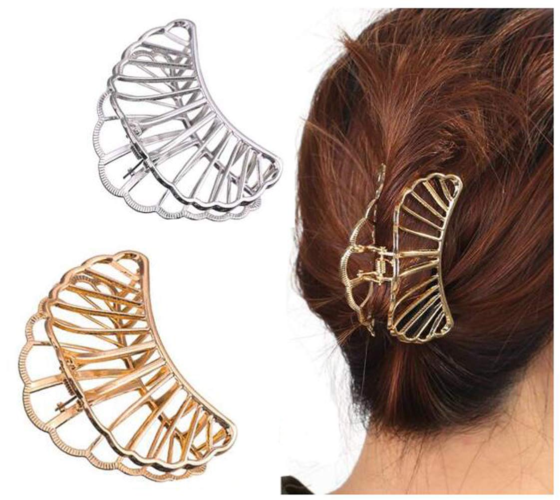 VASANA 2PCS (Silver + Gold) Large Metal Hair Clips Hair Claw Hairgrip Strong Jaw Clips Clamps Non-Slip Hair Barrette Strong Hold for Women Girls Thick Hair