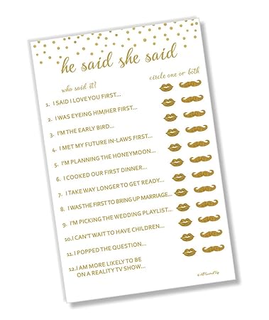 Amazon Com He Said She Said Bridal Shower Game Gold Confetti 50