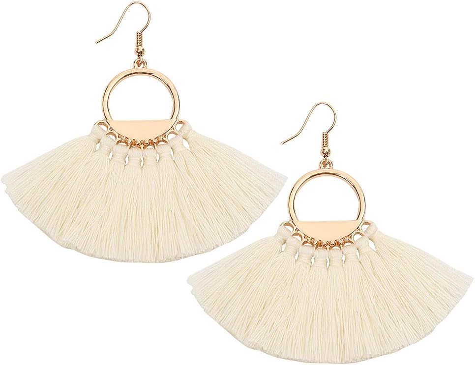 Bohemia Ethnic Tassels Earrings Fan Shape Tribal Fringe Boho Eardrop White Red Blue Black