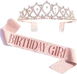 Leixi Birthday Girl Sash & Rhinestone Tiara Kit Rose Gold Glitter Crown Set