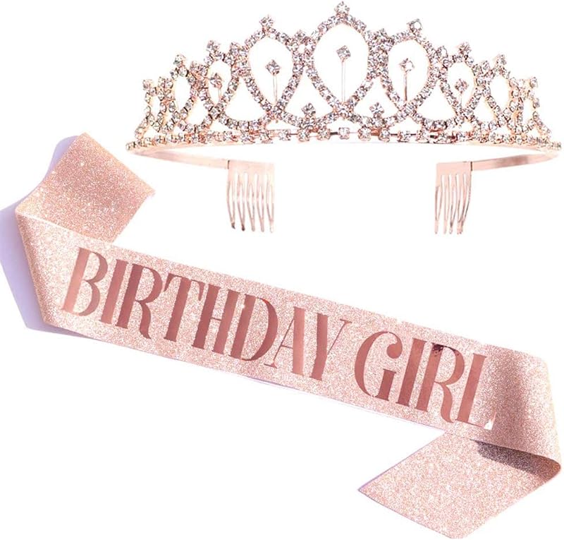 Leixi Birthday Girl Sash & Rhinestone Tiara Kit Rose Gold Glitter Crown Set