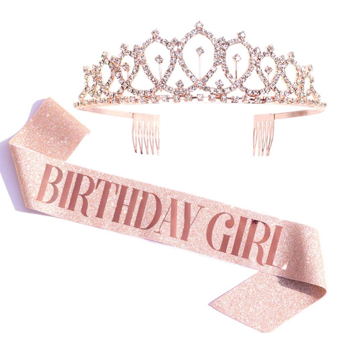 Leixi Birthday Girl Sash & Rhinestone Tiara Kit - 21st 30th Birthday Gifts Birthday Sash for Girl Women Birthday Party Supplies (Rose)