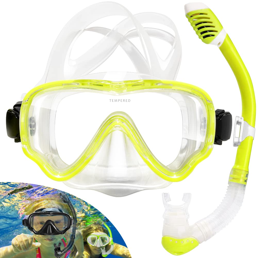 HINATAA Snorkel Set Adults/Kids, Panoramic 180° Wide View Scuba Mask, Anti-Fog Anti-Leak Tempered Glass Safety Scuba Diving Mask, Free Breathing Easy Dry Top Snorkel, Adjustable Strap (Yellow/Kids)