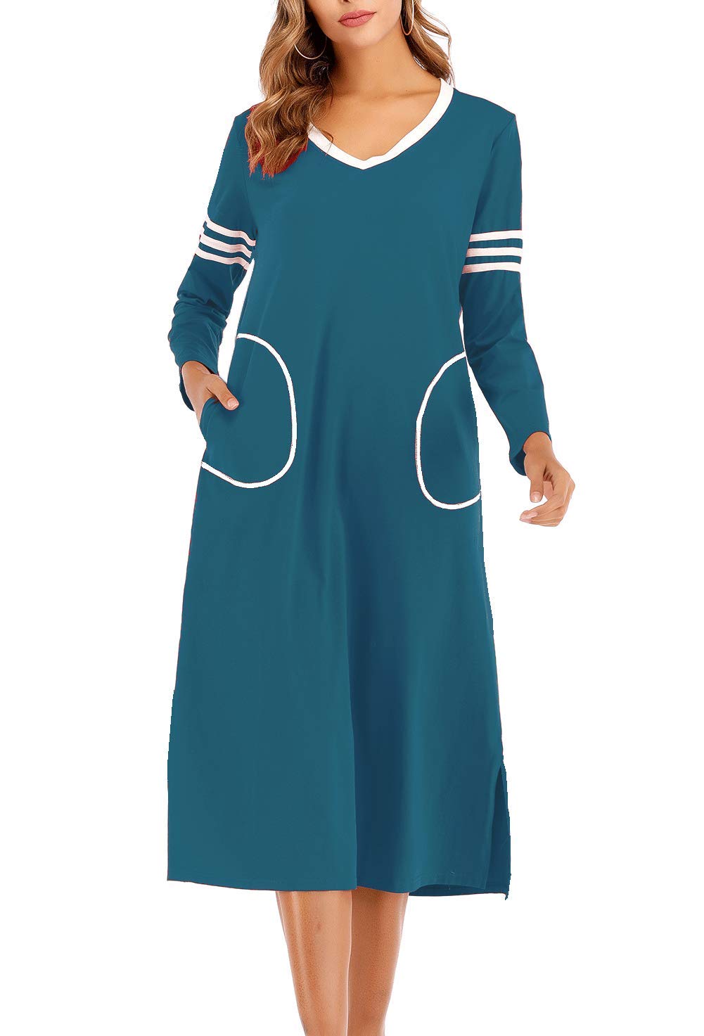 AOVXO Long Nightgown Womens V Neck Long Sleeve Nightshirt Ultra-Soft Cotton Fabric Split Hem Design with 2 Side Deep Pockets (Blue, 2XL)