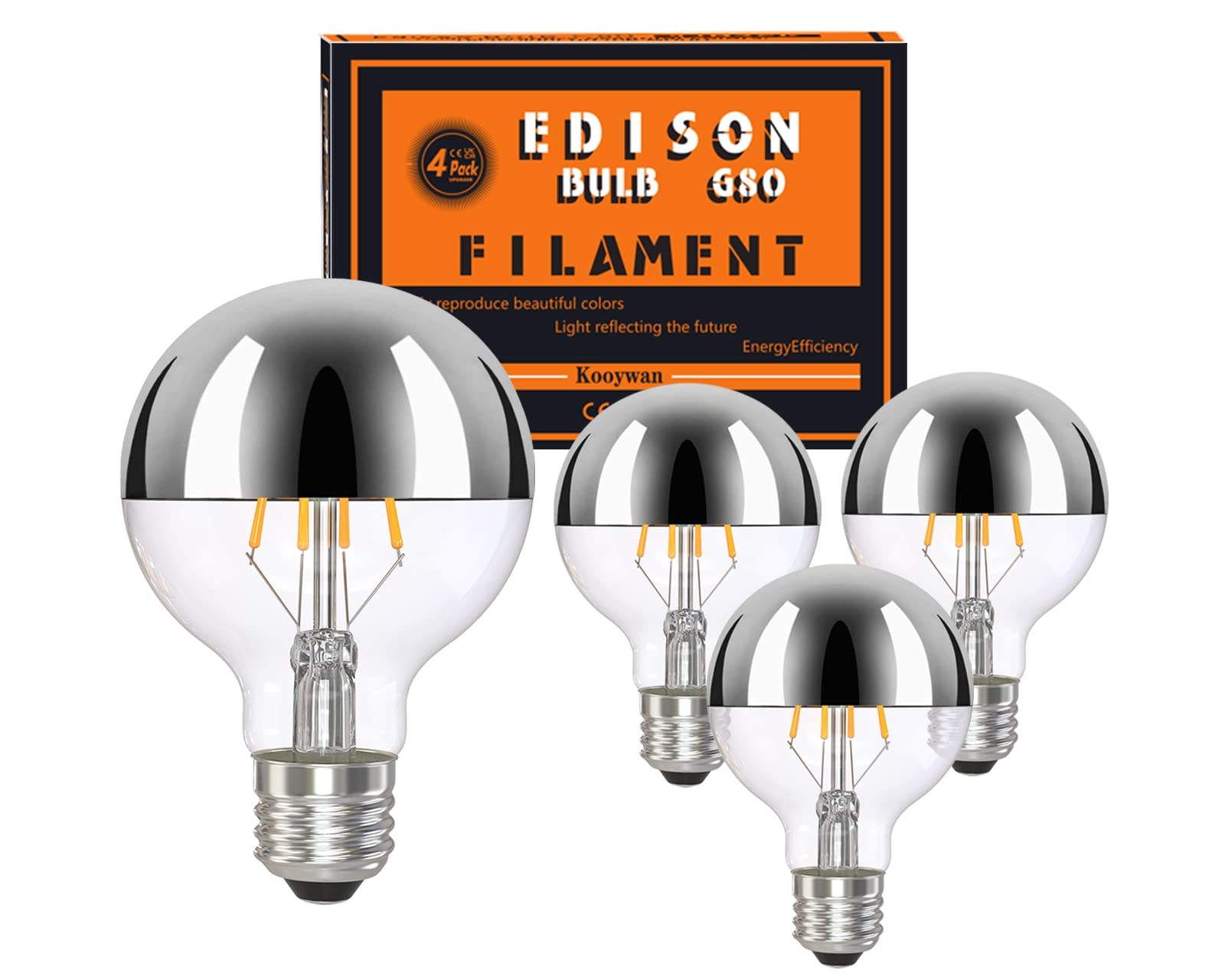 KOOYWAN G80 Silver Crown Light Bulb-E27 Screw in Bulb,2700K Warm White,Dimmable Globe Decor Bulb,6W Anti-Glare use for Home Lighting-Pack of 4