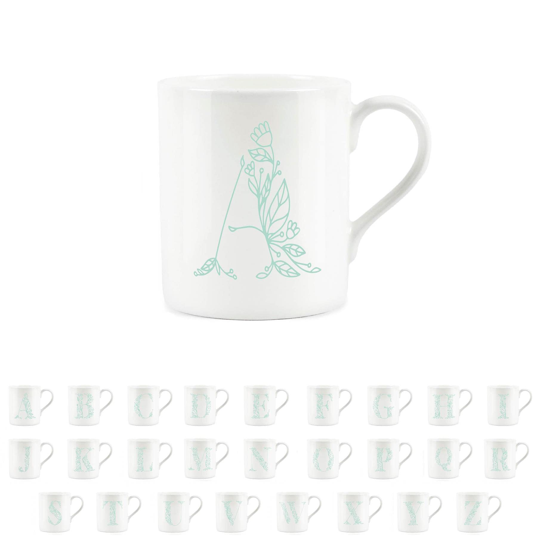 Purely Home Floral Green Letter A Mug - Fine Bone China Small Coffee Tea Mug Present Personalised Initial Gift